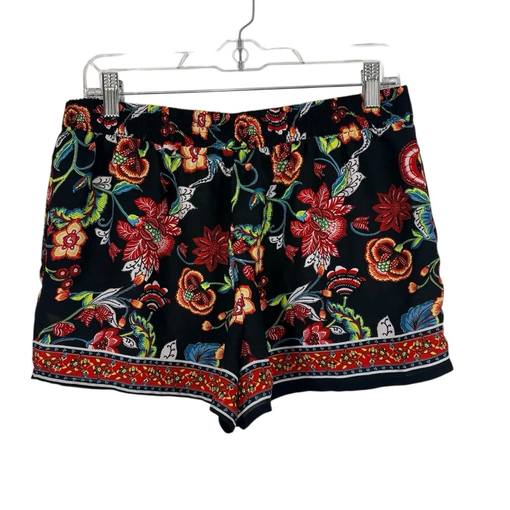 By & By Floral Boho Shorts Black Print Festival Summer Pull On Lightweight